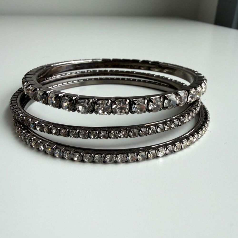 Silver Tone Rhinestone Bangle Bracelet Set of 3 Stackable Crystal Bracelets